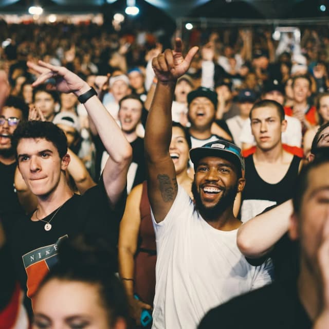 People with hands up at concert